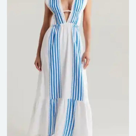 Lemlem LeLisa Deep V-Neck Stripe Maxi Dress Cover-Up White Eshe Blue - Picture 1 of 7